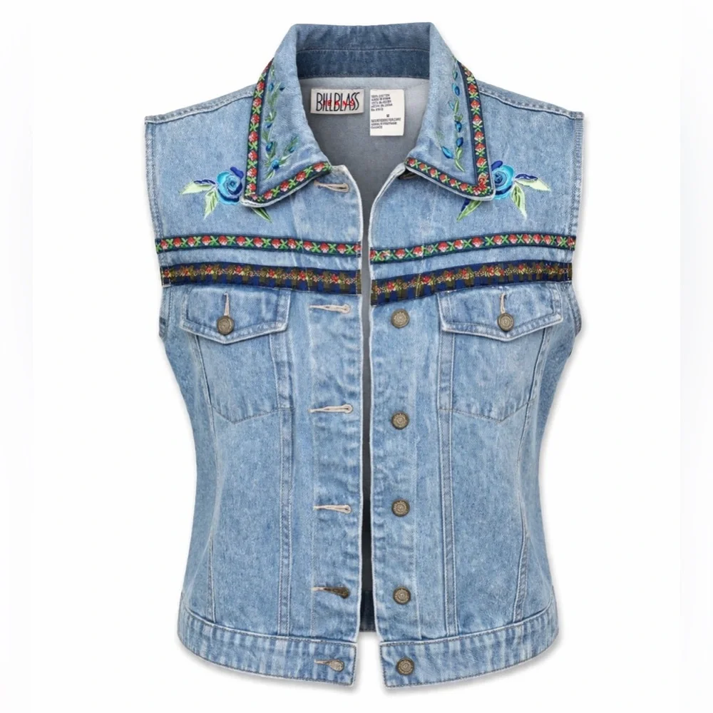 Vintage Bill Blass Denim Vest Embroidered Boho Western Floral 90s- Medium - Picture 1 of 8